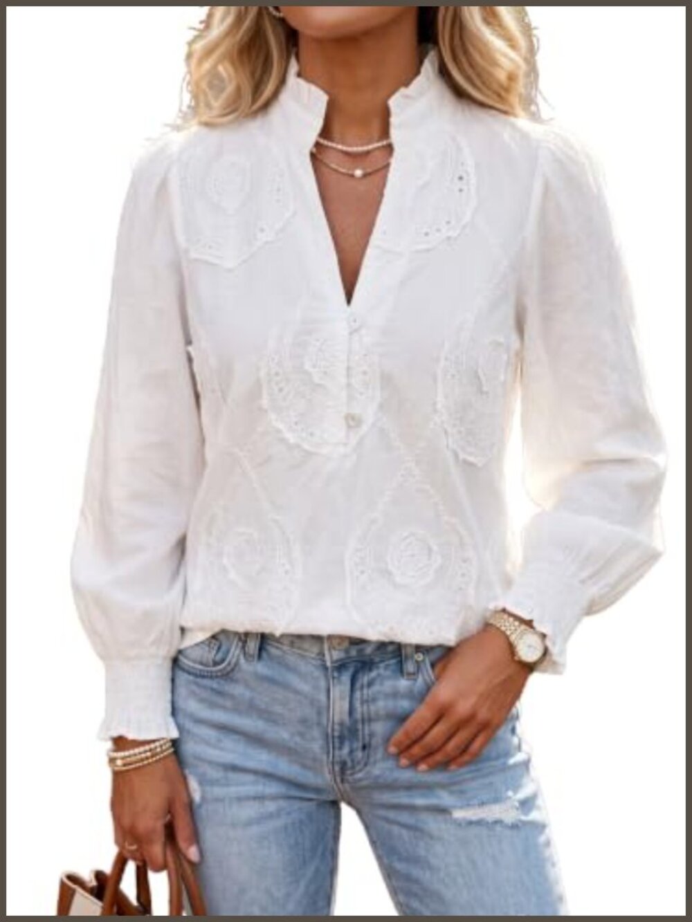 100% Cotton Eyelet Embroidered Blouse Ruffle Neck Long Puff Sleeve Top